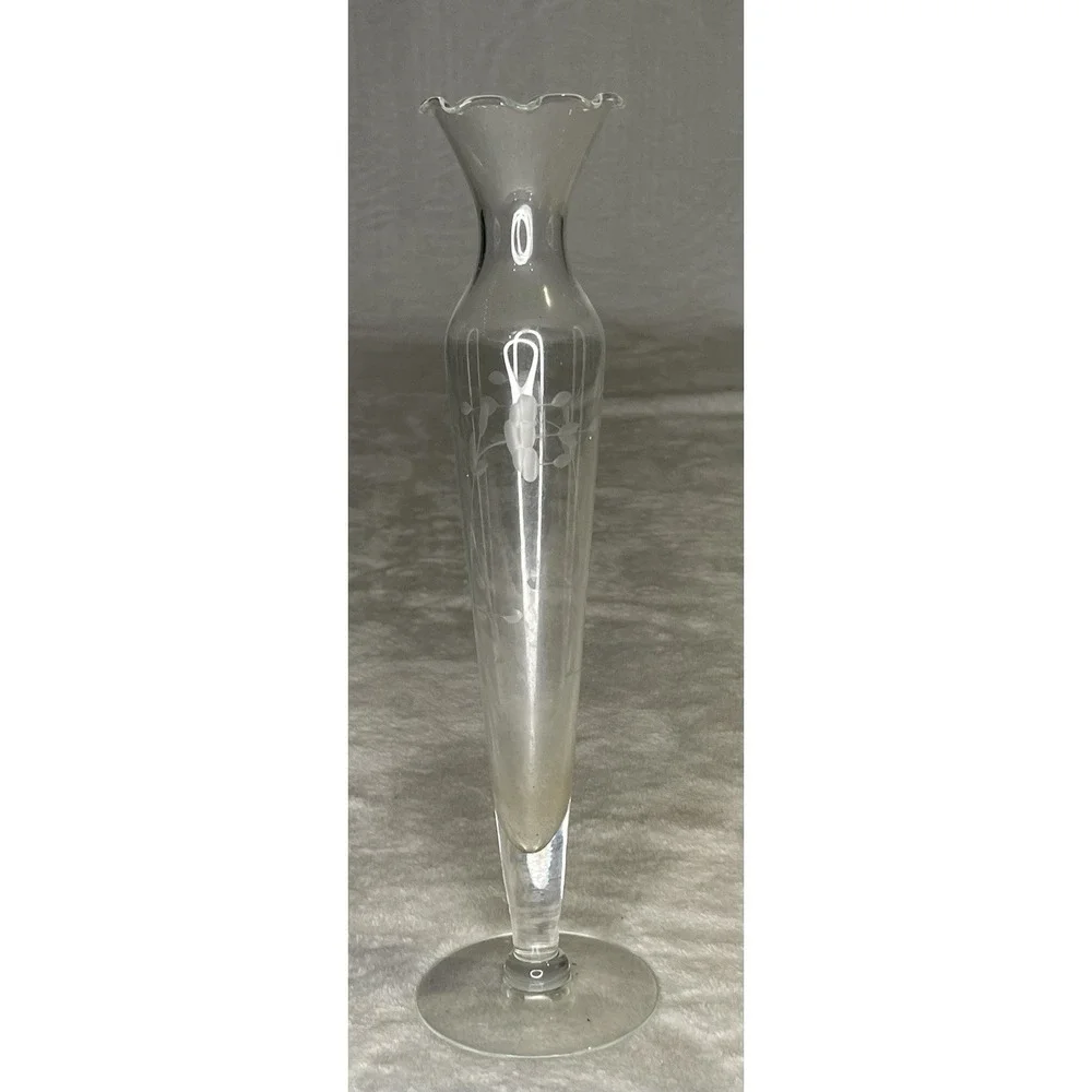 Princess House Heritage Bud Vase Floral Etched Glass Scalloped Fluted Rim 10